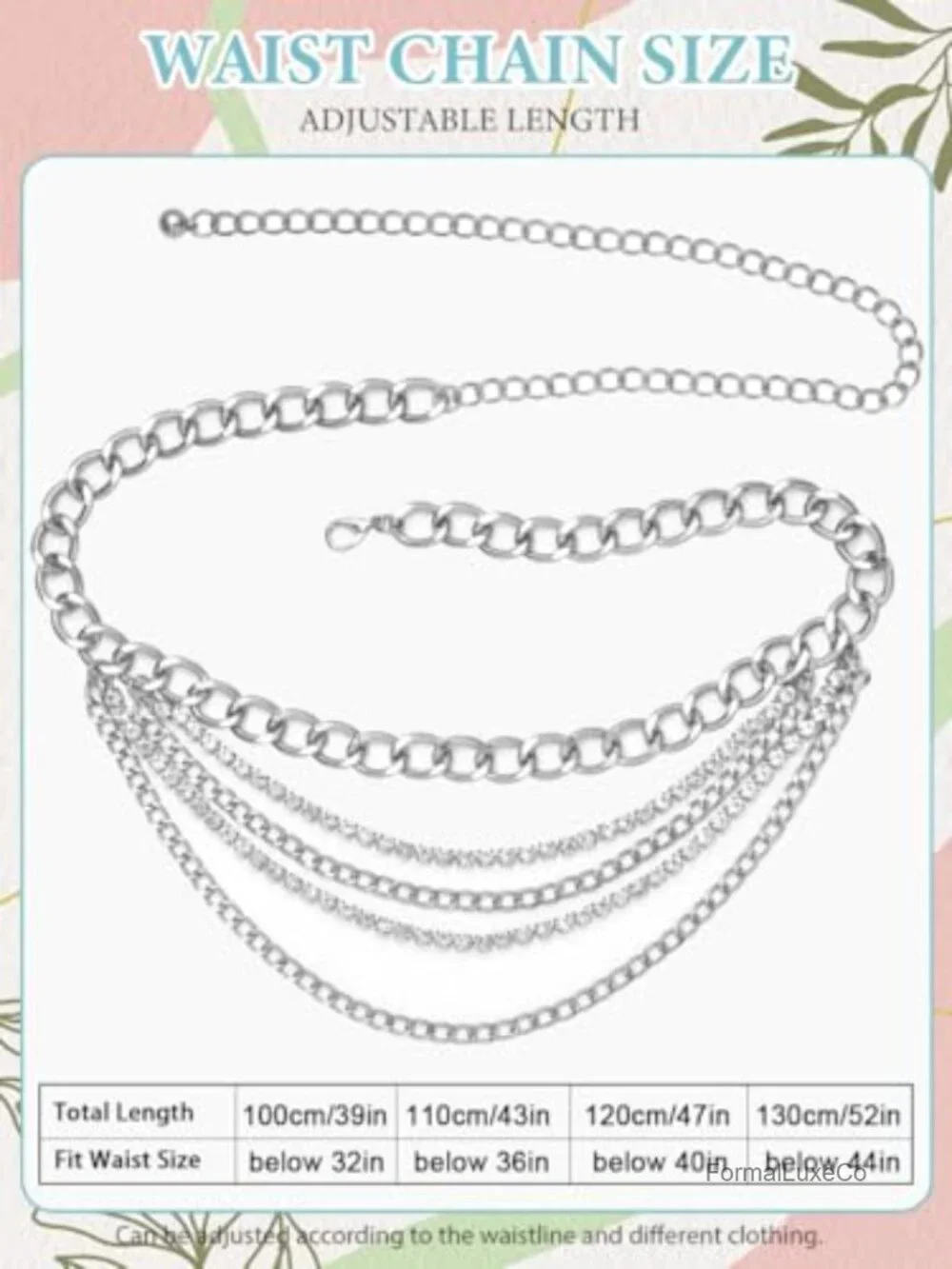 Metal Layered Chain Belt with Rhinestones Adjustable Waist